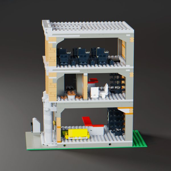 side view three floor custom lego brick bank modular building
